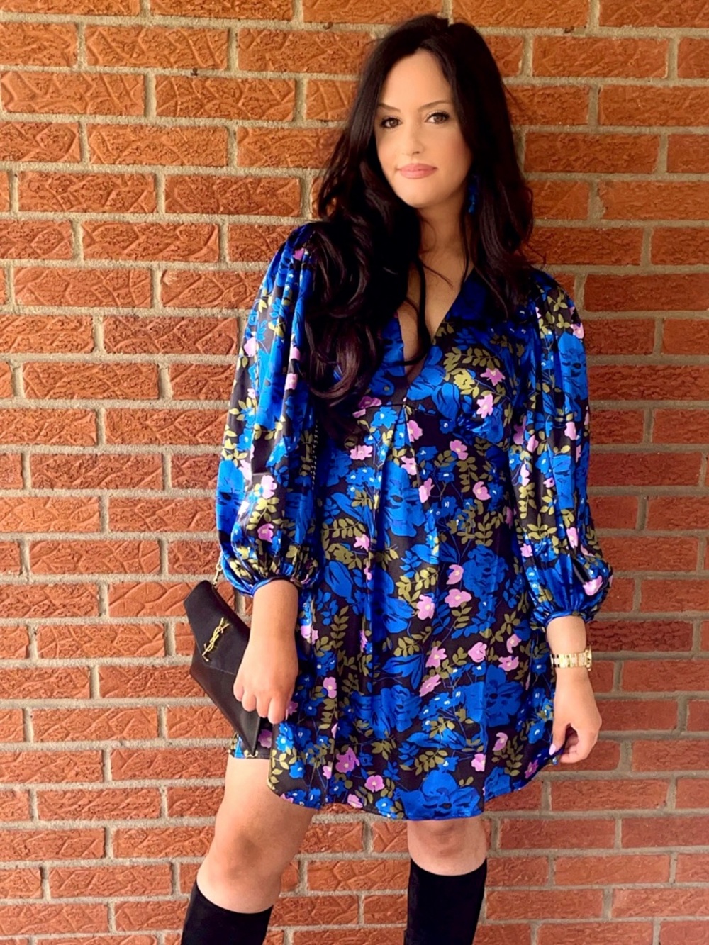 Vero Moda Long Sleeve Blue Floral Satin Dress Size M